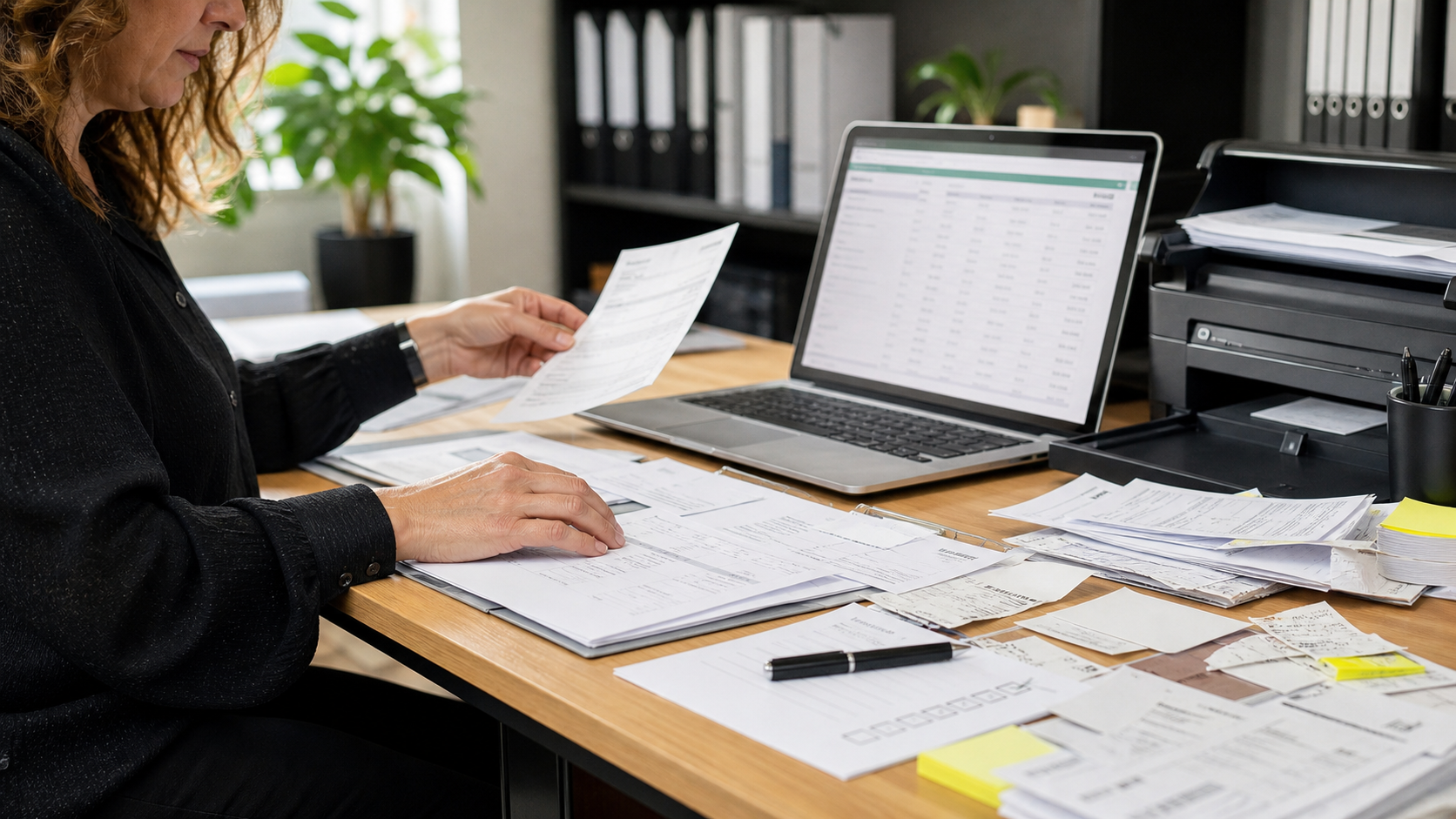 Backoffice medewerker vergelijkt formulieren met een digitaal overzicht aan een bureau