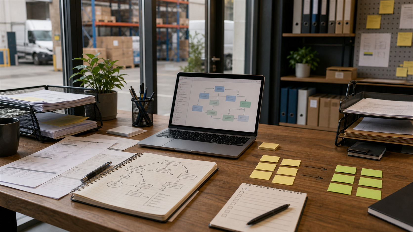 Werktafel met formulieren, notities en een laptop waarop een eenvoudig proces wordt geordend