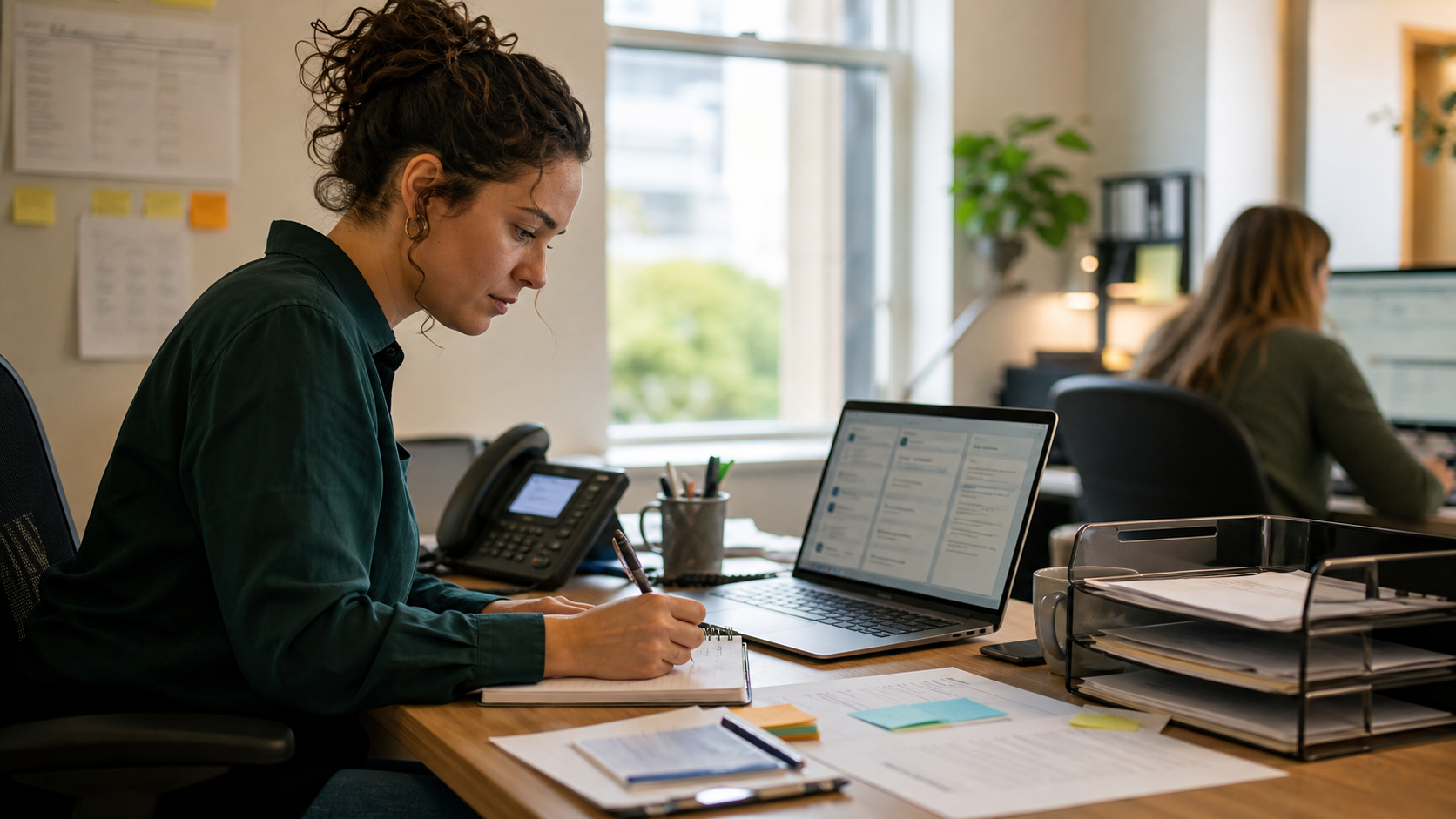 Medewerker ordent klantvragen aan een supportdesk met telefoon, laptop en notities