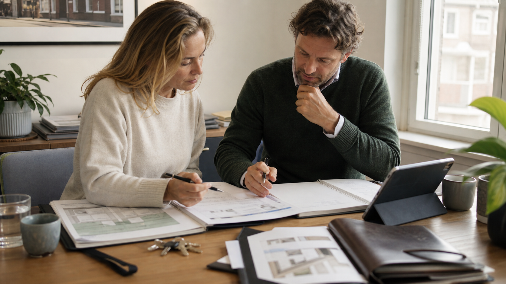 Twee mensen bereiden rustig een intakegesprek voor met documenten, notities en een tablet