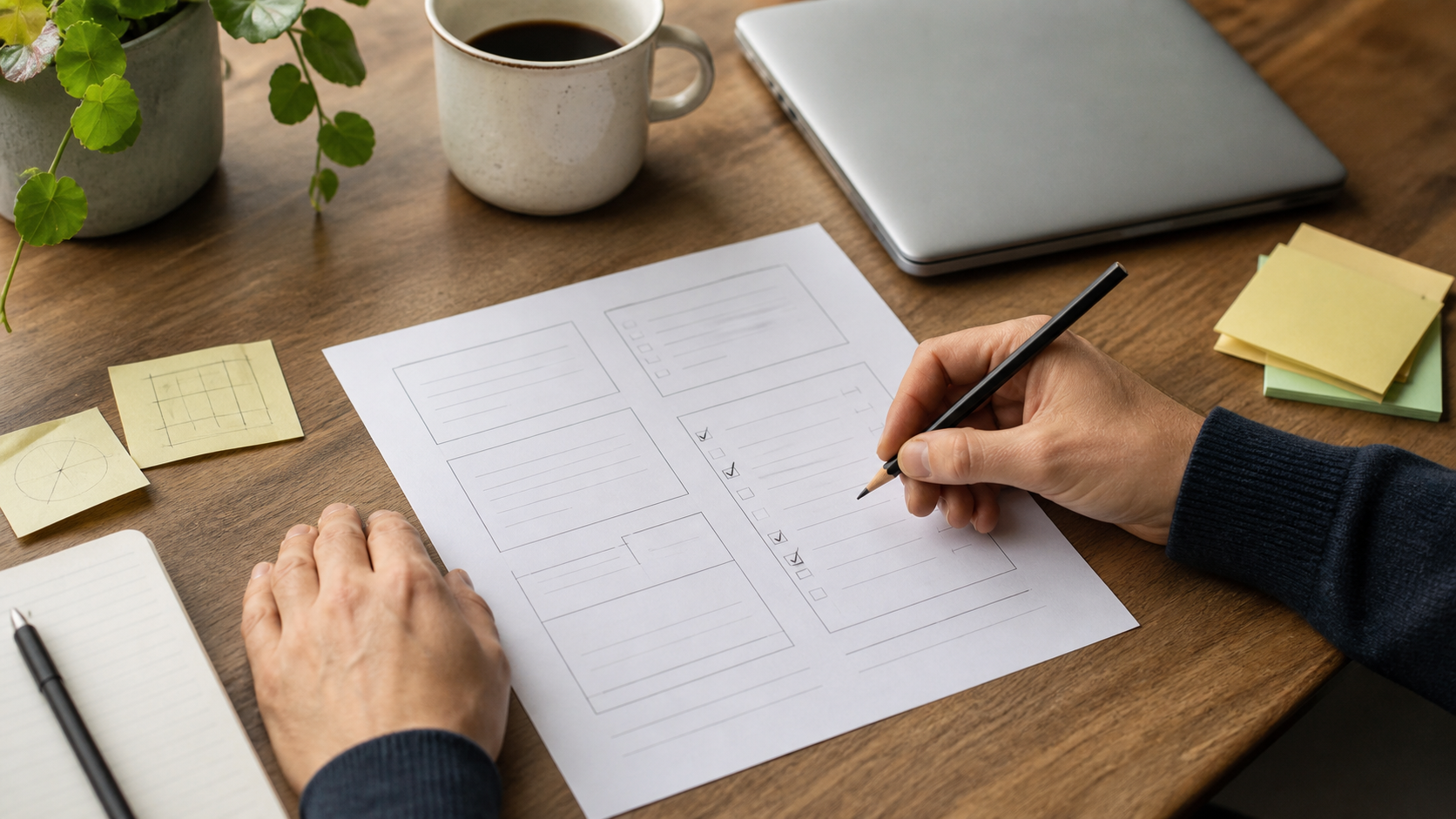 Handen vullen een eenvoudige worksheet in op een houten bureau met laptop, koffie en plaknotities