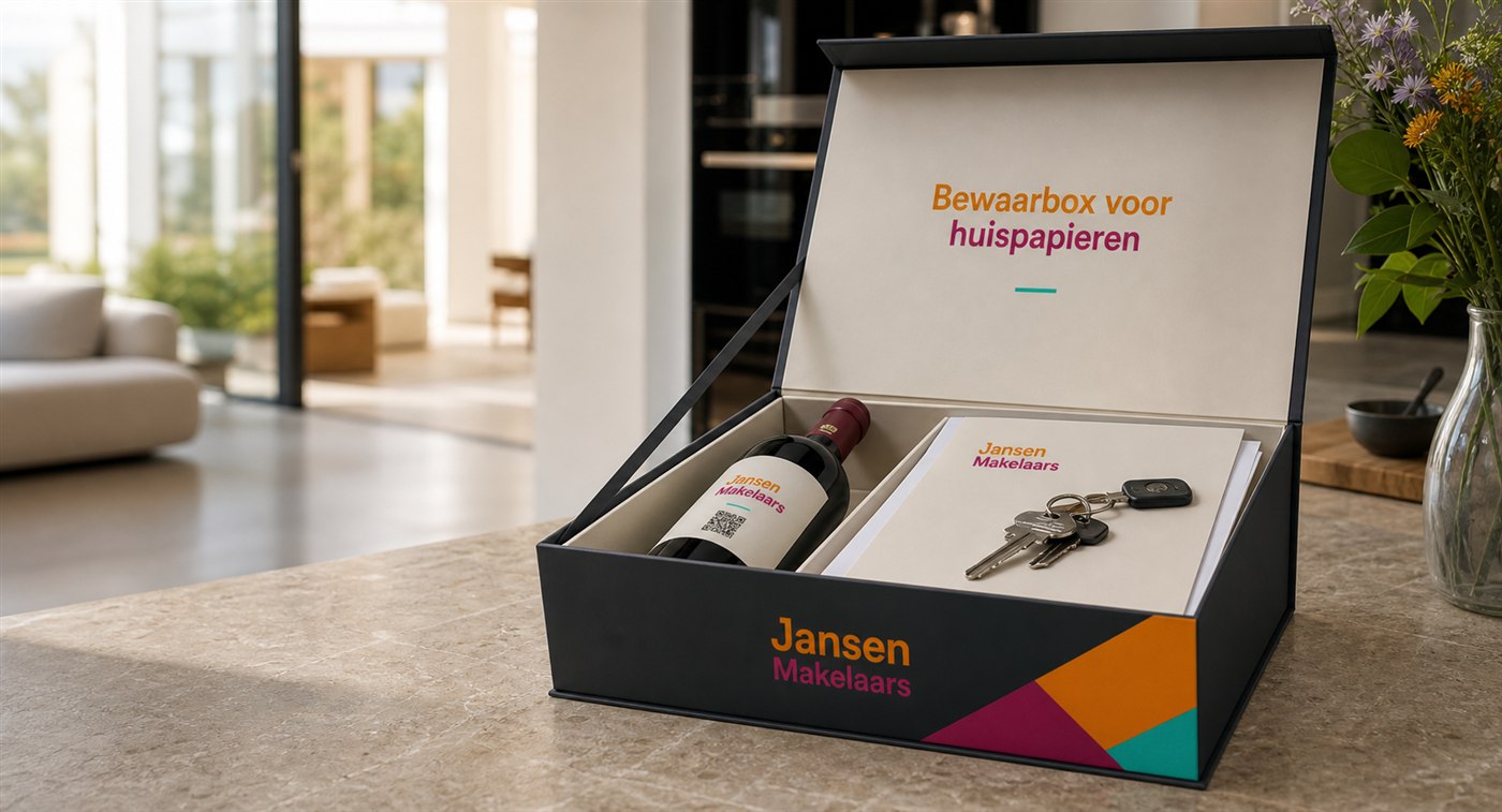 Conceptbox met wijn, papieren, sleutels en QR-moment voor een makelaar